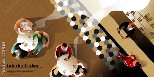 Modern bar interior design top view. Vector mockup for a layout landing page or design advertising banner.
