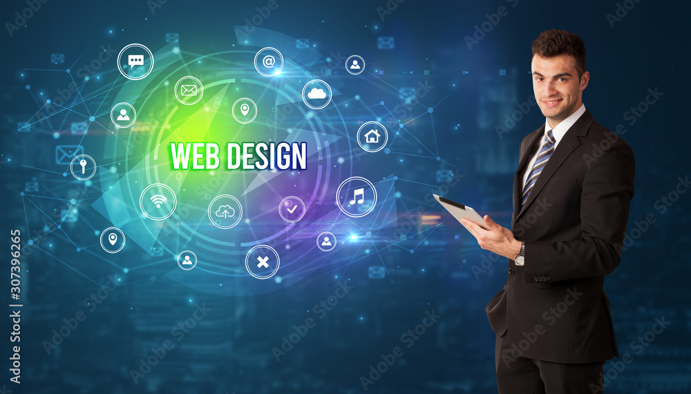 Businessman thinking in front of technology related icons and WEB DESIGN inscription, modern technology concept Businessman thinking in front of technology related icons and WEB DESIGN inscription, modern technology concept