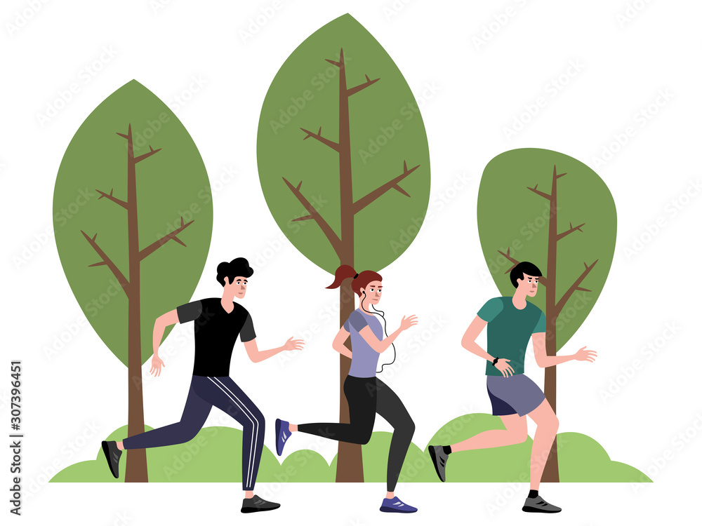 The company of athletes jogging in the park. In minimalist style Cartoon flat raster