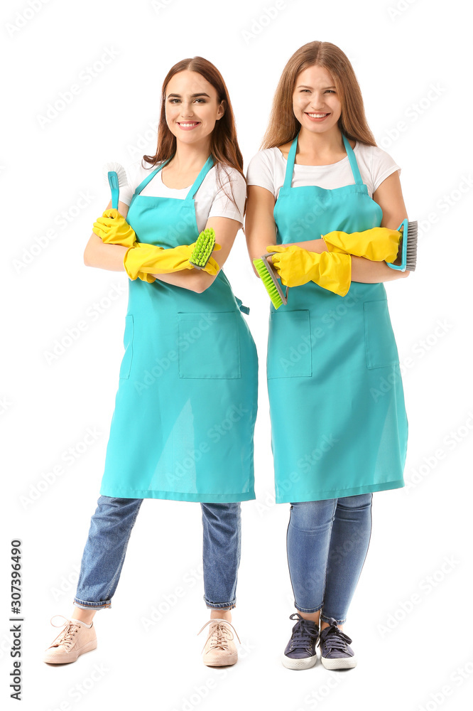Female janitors on white background Female janitors on white background