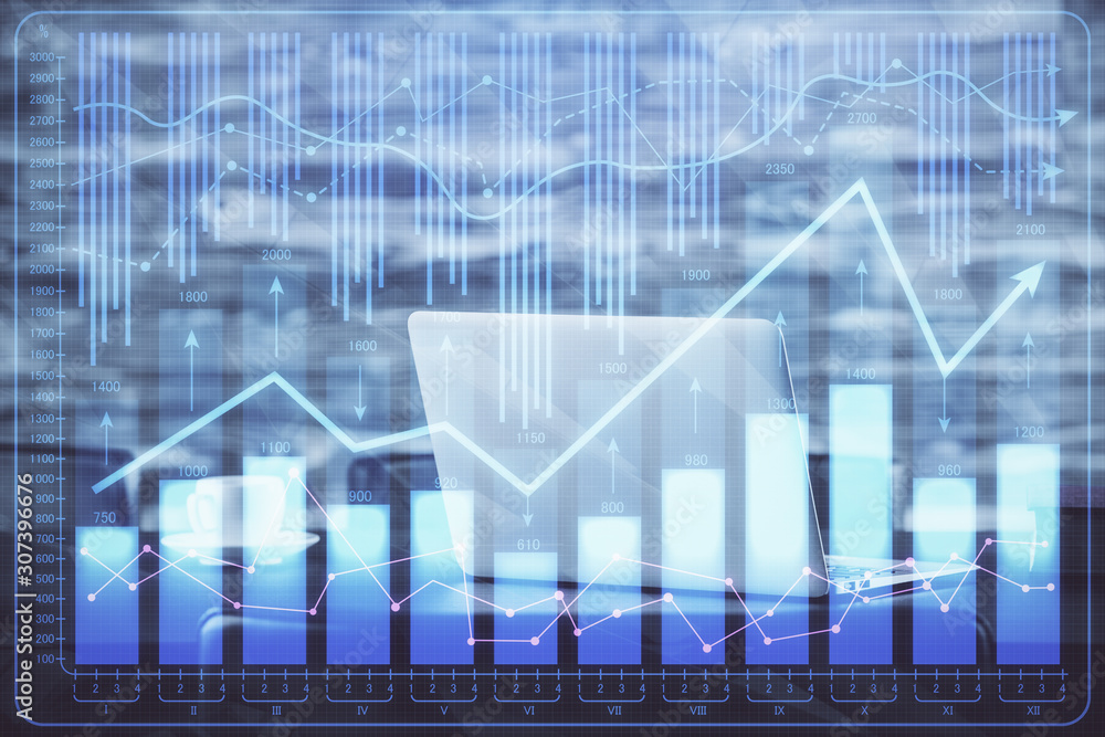 Double exposure of forex chart and work space with computer. Concept of international online trading. Double exposure of forex chart and work space with computer. Concept of international online trading.