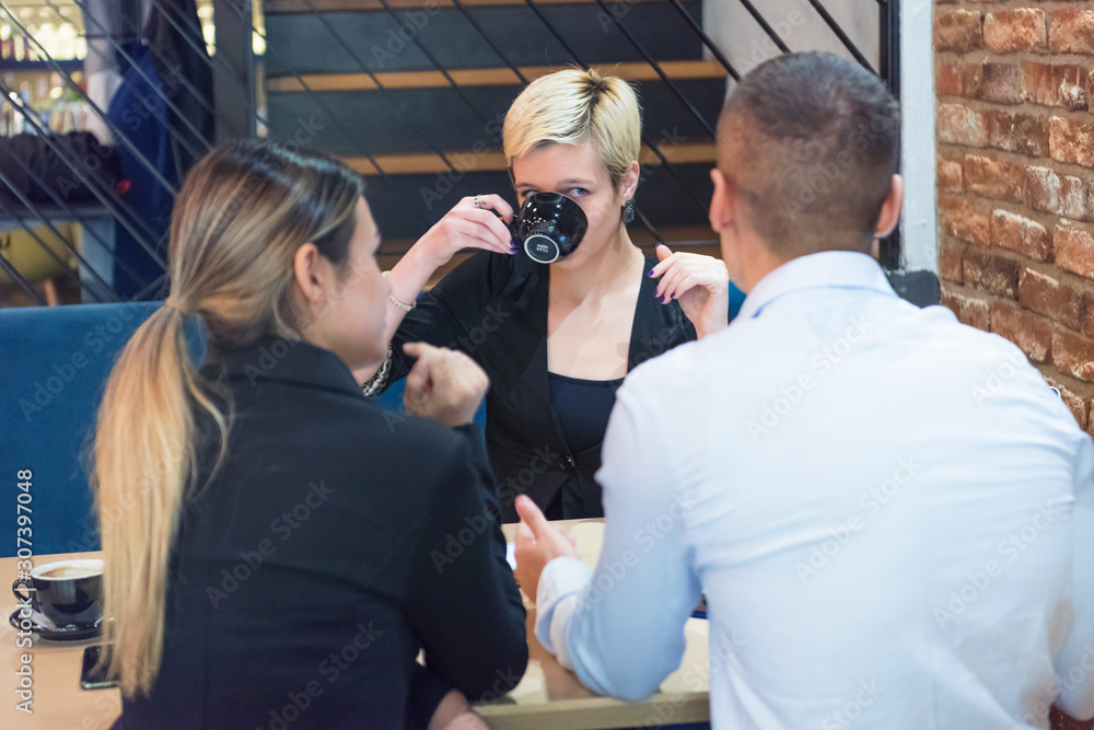 Group of a young business people brainstorming and discussing business plan on meeting at sunny bright office interior. Group of a young business people brainstorming and discussing business plan on meeting at sunny bright office interior.