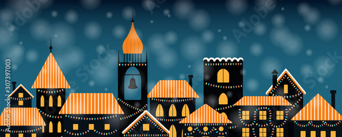 Vector illustration of the winter city skyline, with colorful lights, falling snow, place for text. Flat style design. Concept for holiday, Christmas, New Year background, card, poster, banner.