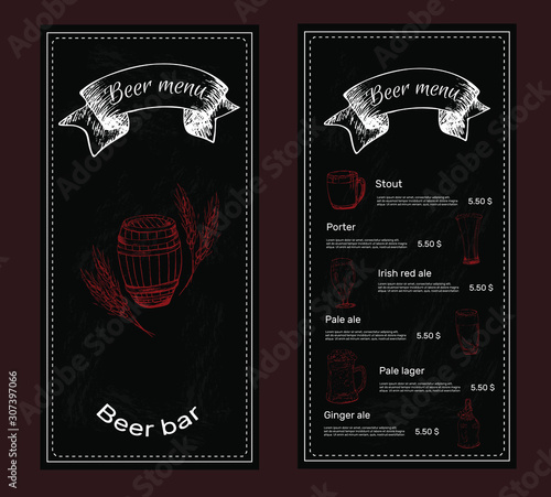 Template design for beer  restaurant, bar or pub  menu. Hand drawn vintage style, on black background. Price list for different types of beer