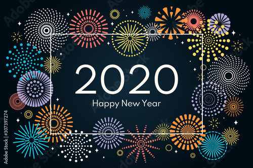 Vector illustration with colorful fireworks frame on a dark blue background, text 2020 Happy New Year. Flat style design. Concept for holiday celebration, greeting card, poster, banner, flyer.