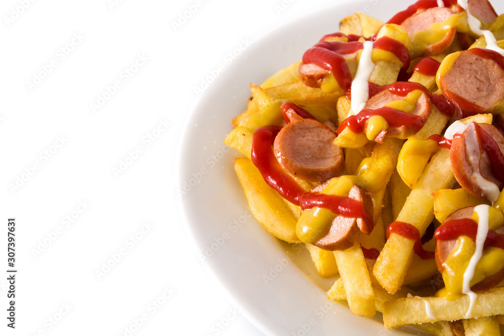 Typical Latin America Salchipapa. Sausages with fries, ketchup, mustard and mayo isolated on white background. Copy space Typical Latin America Salchipapa. Sausages with fries, ketchup, mustard and mayo isolated on white background. Copy space