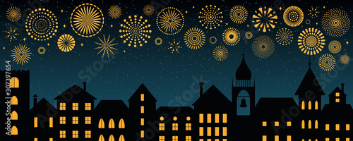 Vector illustration with golden fireworks in the night sky over the black city, place for text. Flat style design. Concept for New Year celebration, holiday background, card, poster, banner.