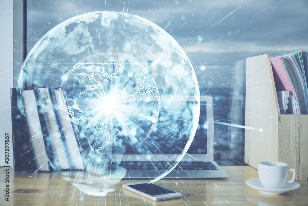 Multi exposure of business theme icons and work space with computer background. Concept of success. Multi exposure of business theme icons and work space with computer background. Concept of success.