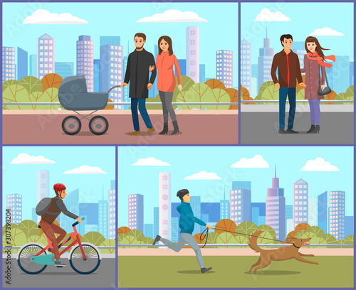 Women and men walking in city park in autumn. Cold fall so people in coats. Happy couple and parents with baby stroller smiling. Man riding bicycle and person with pet on leash. Vector illustration