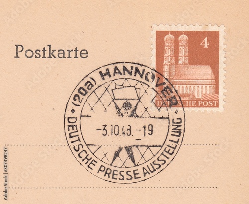 Munich Cathedral. Postmark German press exhibition in Hanover,stamp Germany circa 1948