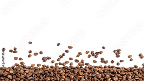 Black arabica, robusta coffee beans isolated on white background with copyspace for text/ Selective focus