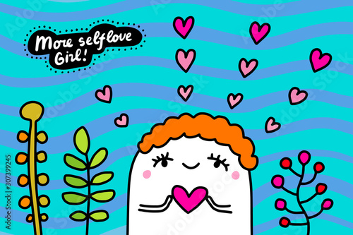 More selflove girl hand drawn vector illustration in cartoon comic style woman holding heart symbol plants