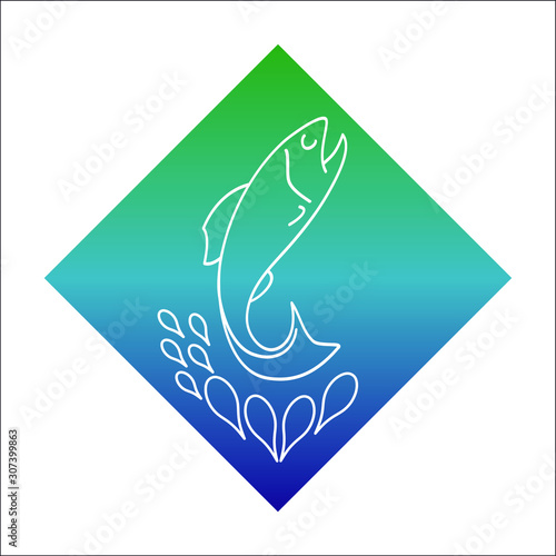 Logo pour un poissonnier ou un pêcheur, représentant un poisson sautant hors de l’eau sur un losange dégradé du bleu au vert.