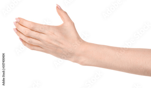 Female caucasian hands isolated white background showing gesture holds something or takes, gives. woman hands showing different gestures