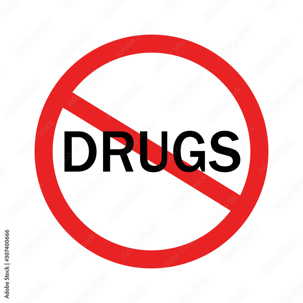 Drugs word lettering in red prohibition sign. Isolated on white background Drugs word lettering in red prohibition sign. Isolated on white background
