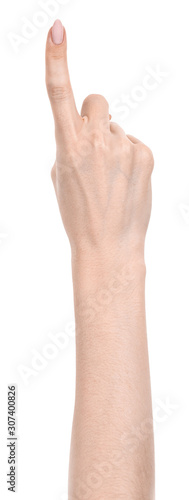 Female caucasian hands isolated white background showing gesture points finger to something or someone. woman hands showing different gestures