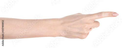 Female caucasian hands  isolated white background showing  gesture points finger to something or someone.  woman hands showing different gestures © Илья Подопригоров