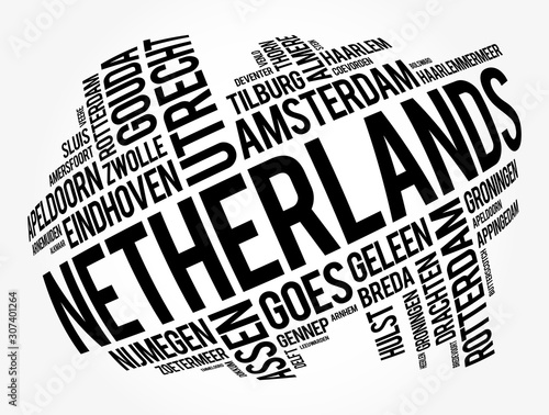 List of cities and towns in Netherlands, word cloud collage, business and travel concept background