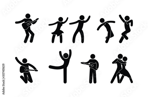 people dance, play the guitar, stick figure man icon, isolated human pictogram