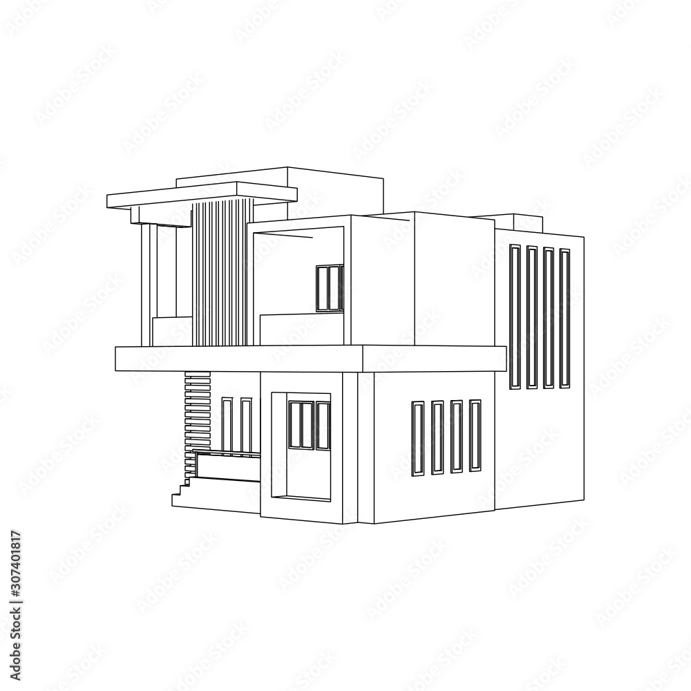 Modern House Building Line Art Isolated Vector Images
