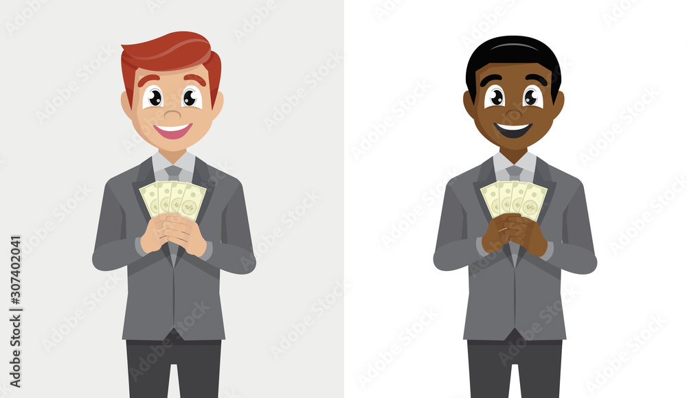 Set business man in suit standing holding fan of dollar cash. Set business man in suit standing holding fan of dollar cash.