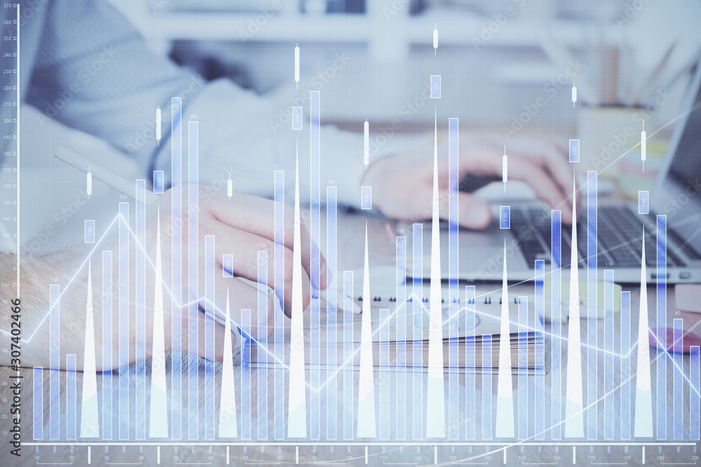 Multi exposure of financial graph with man works in office on background. Concept of analysis. Multi exposure of financial graph with man works in office on background. Concept of analysis.