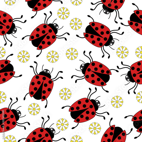 Seamless pattern ladybug flower on white background