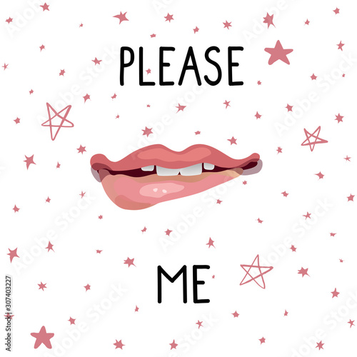 Pink female lips with open teeth biting her lower lip with black lettering "Please" and "me" which means "Please kiss me." Vector stock illustration on a white background with pink hand-drawn stars