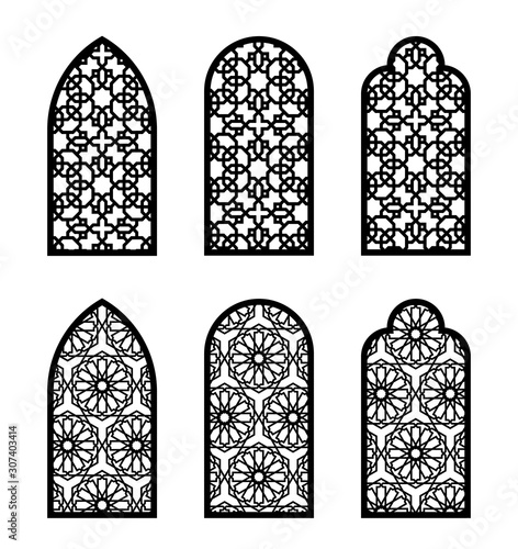 Arabic arch window or door set. Cnc pattern, laser cutting, vector template set for wall decor, hanging, stencil, engraving