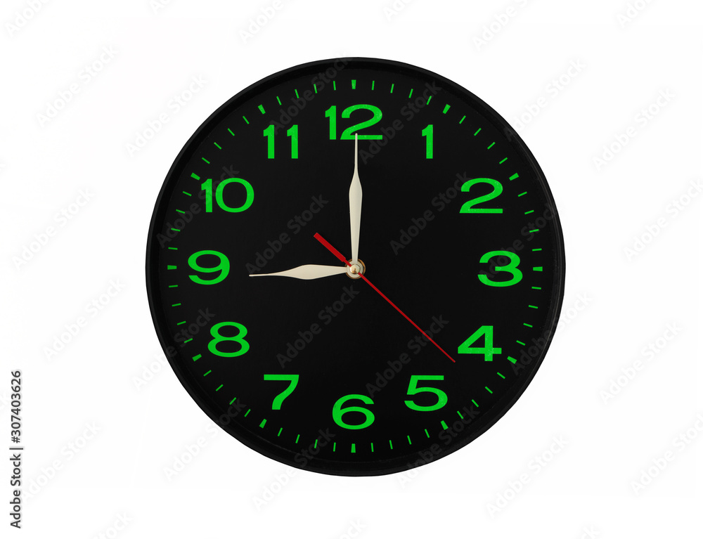 Black wall clock with green numbers isolated on white background Black wall clock with green numbers isolated on white background