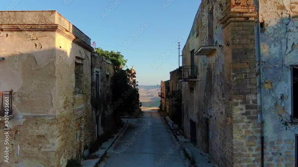 Haunted street in Ruins of Poggioreale, Sicily, southern Italy, aerial shot Haunted street in Ruins of Poggioreale, Sicily, southern Italy, aerial shot