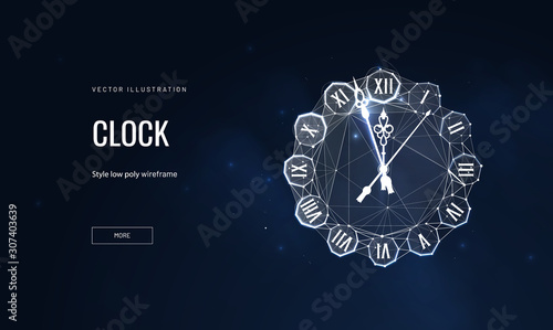 Clock face low poly landing page template. New Year holiday item web banner. 3d timer dial polygonal illustration. Watch, glowing timekeeper with decorative numerals mesh art homepage design layout