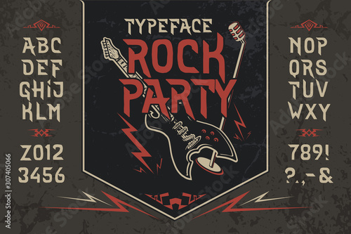 Font Rock Party. Pop vintage art letters, numbers