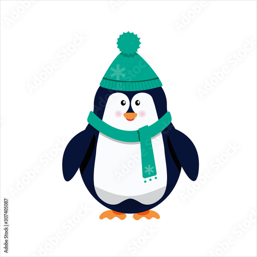 Vector cartoon penguin in winter warm clothes