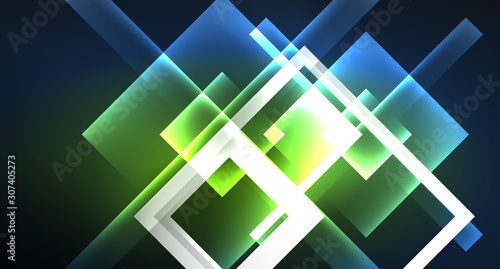 Neon glowing techno square rectangle lines, blue hi-tech futuristic abstract background