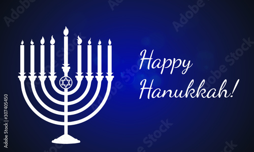 Hanukkah greeting card traditional Chanukah symbols vector illustration on blue background.