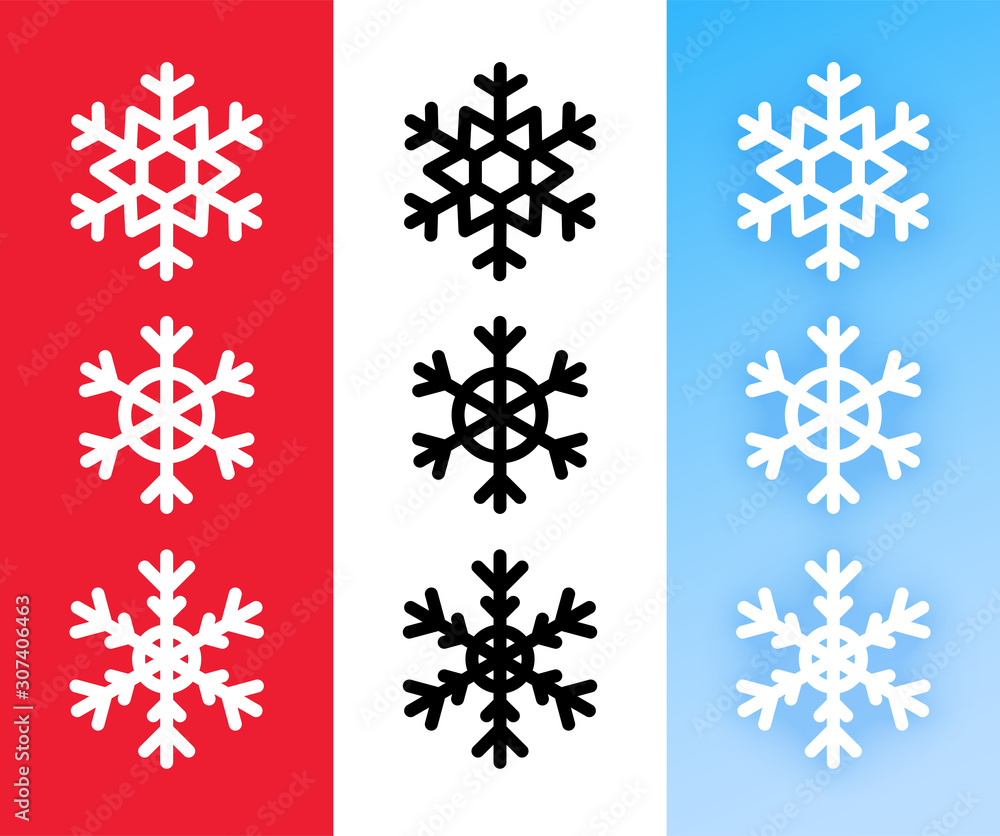 Snowflake icon set for Christmas holiday decoration. Vector Line art abstract symbols of snowflakes on red, white and blue color.