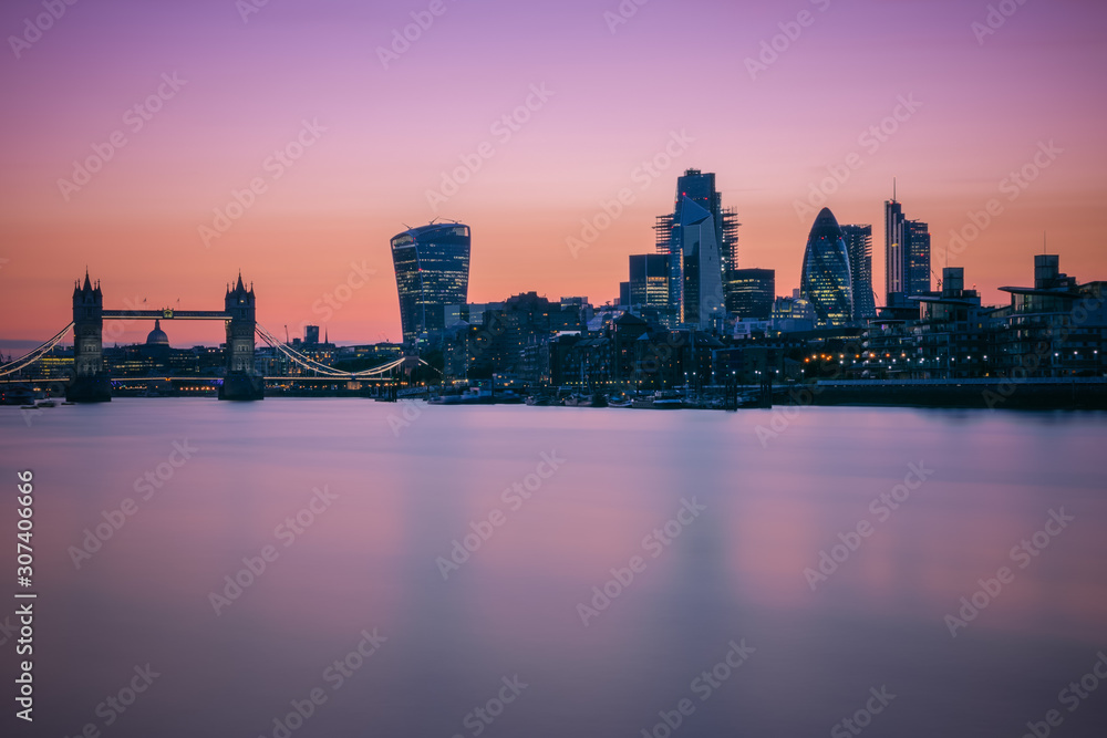 Long exposure, Tower bridge and London skyline during sunset