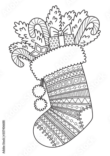 Doodle coloring book page for adult. Christmas sock with sweets.