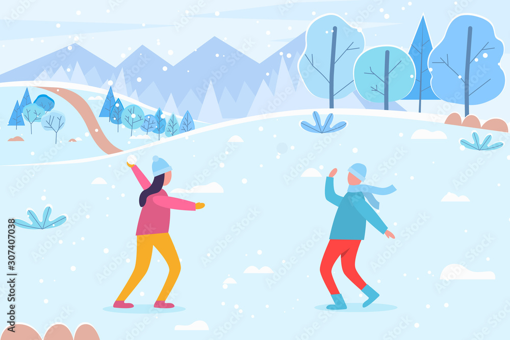 People playing snow fight game in winter. Landscape with snowy peaks and pine trees. Girl and boy with throwing snowballs at each other. Vacation of characters. Vector in flat style illustration People playing snow fight game in winter. Landscape with snowy peaks and pine trees. Girl and boy with throwing snowballs at each other. Vacation of characters. Vector in flat style illustration