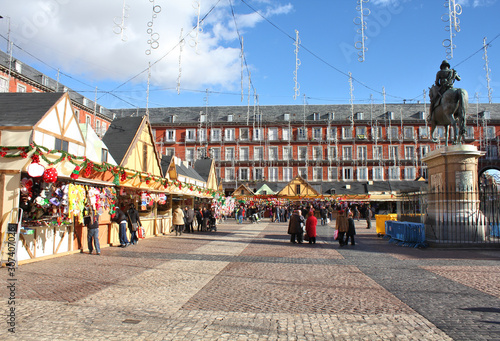 Christmas market stalls on Plaza Mayor  in Madrid Spain. photo