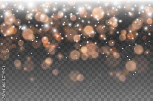 Bokeh lights effect isolated on transparent background. Vector Christmas glowing white and gold orange overlay sparkle texture.