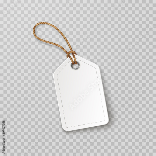 Tag with rope isolated on transparent background. Cardboard label, paper sale or gift empty sticker and string. Vector blank realistic price banner, promo offer mockup.. photo