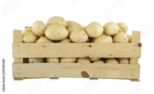 Potato in wooden crate isolated on white © Valerii Evlakhov