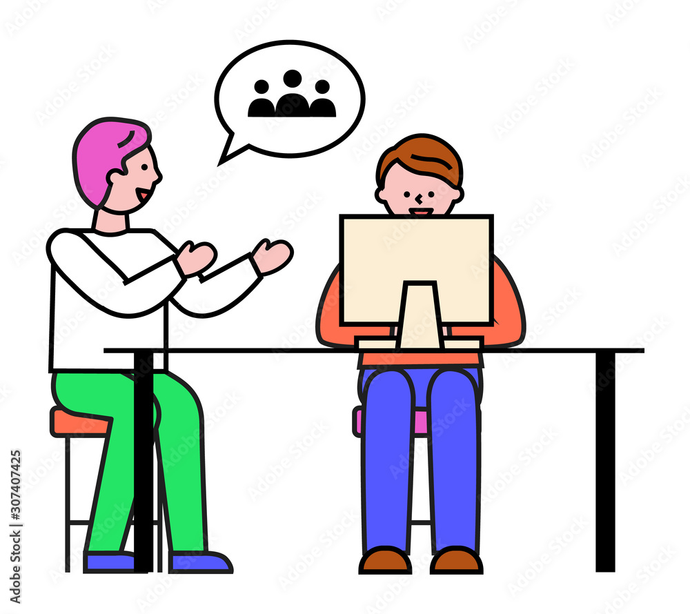 People working in pair at work. Isolated male characters at job dealing with project improvement. Man talking to colleague about users. Freelancers team discussing business ideas or concept vector People working in pair at work. Isolated male characters at job dealing with project improvement. Man talking to colleague about users. Freelancers team discussing business ideas or concept vector