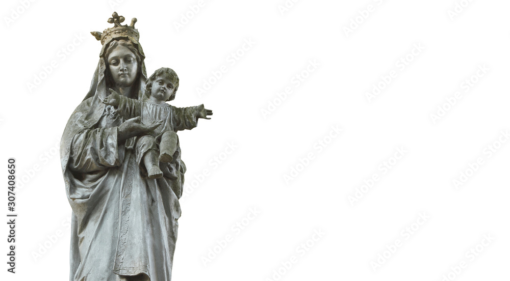 Statue of Virgin Mary and Jesus Christ as a symbol of love and kindness. Free space for text.