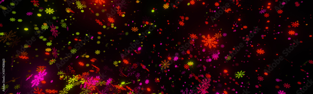 Bokeh abstract Christmas and new year background with stunning motion of snowflakes lighting. 3d illustration