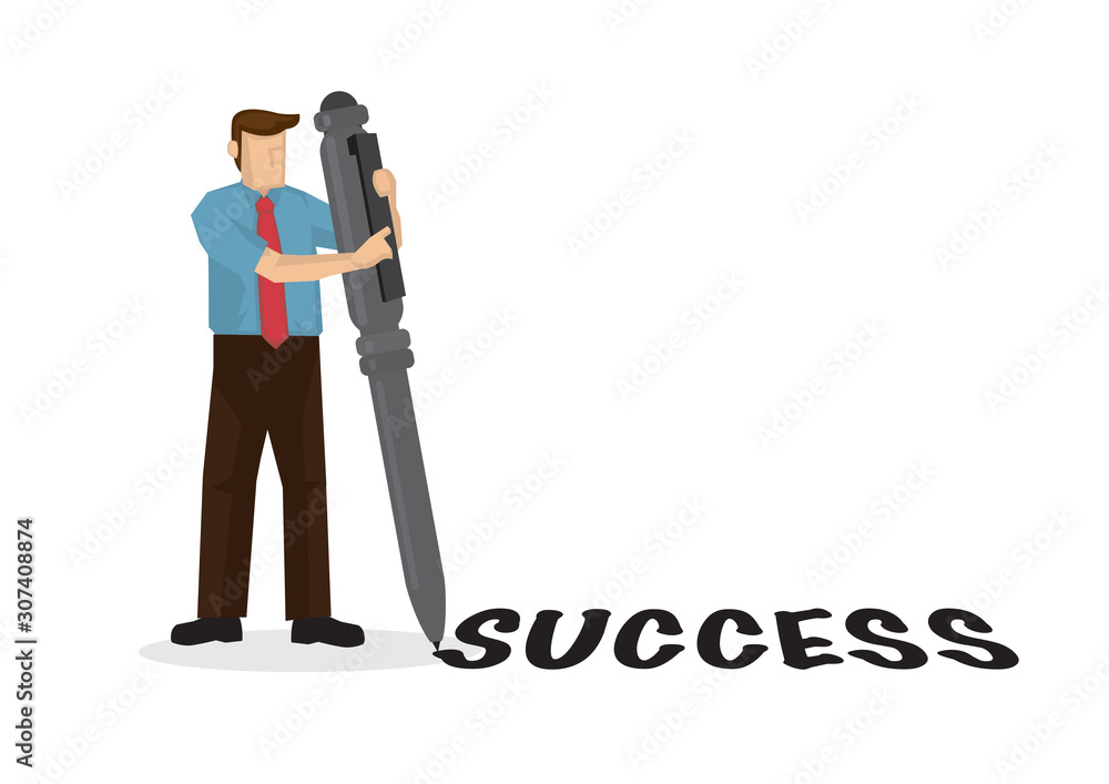Businessman writes success word with his giant pen. Concept of management or goal efficiency. Businessman writes success word with his giant pen. Concept of management or goal efficiency.
