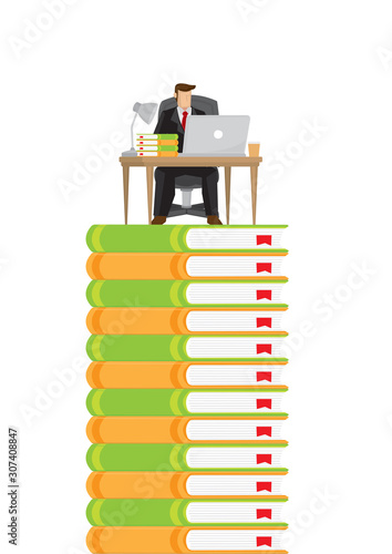 Businessman in suit working in his workspace on top of slack of books. Concept of getting a successful corporate job through education.