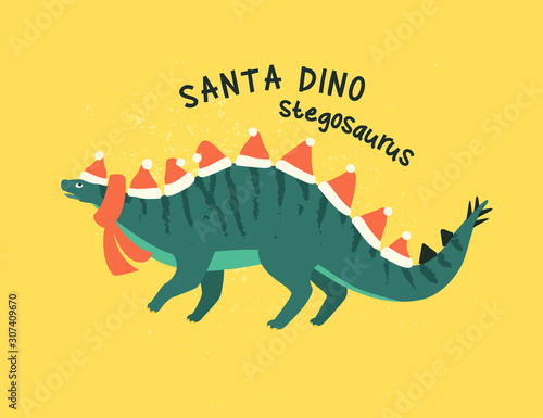 Stegosaurus dressed as Santa Claus. Vector illustration of funny character in cartoon flat style.
